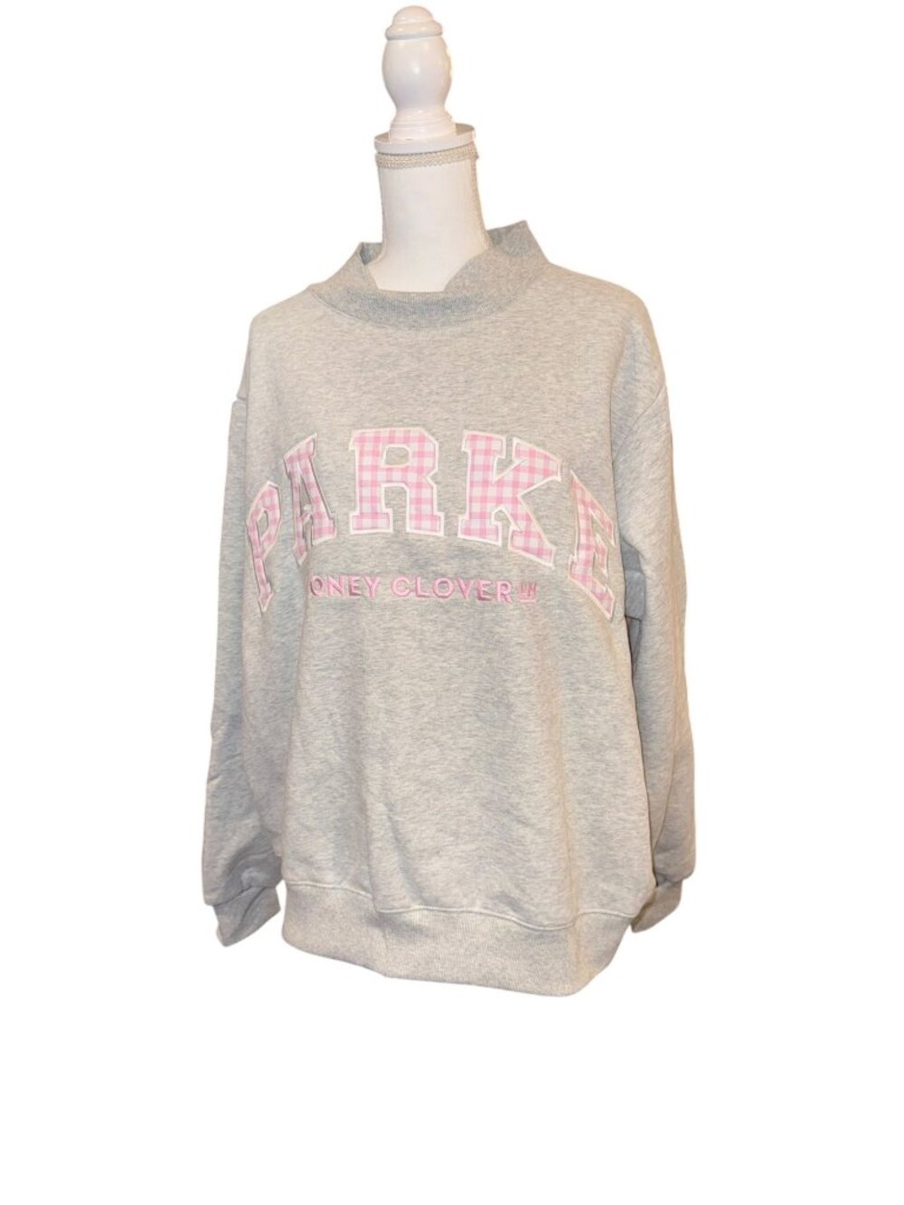 Parke Stoney Clover Gray Sweatshirt With Pink Gingham Text L/XL New